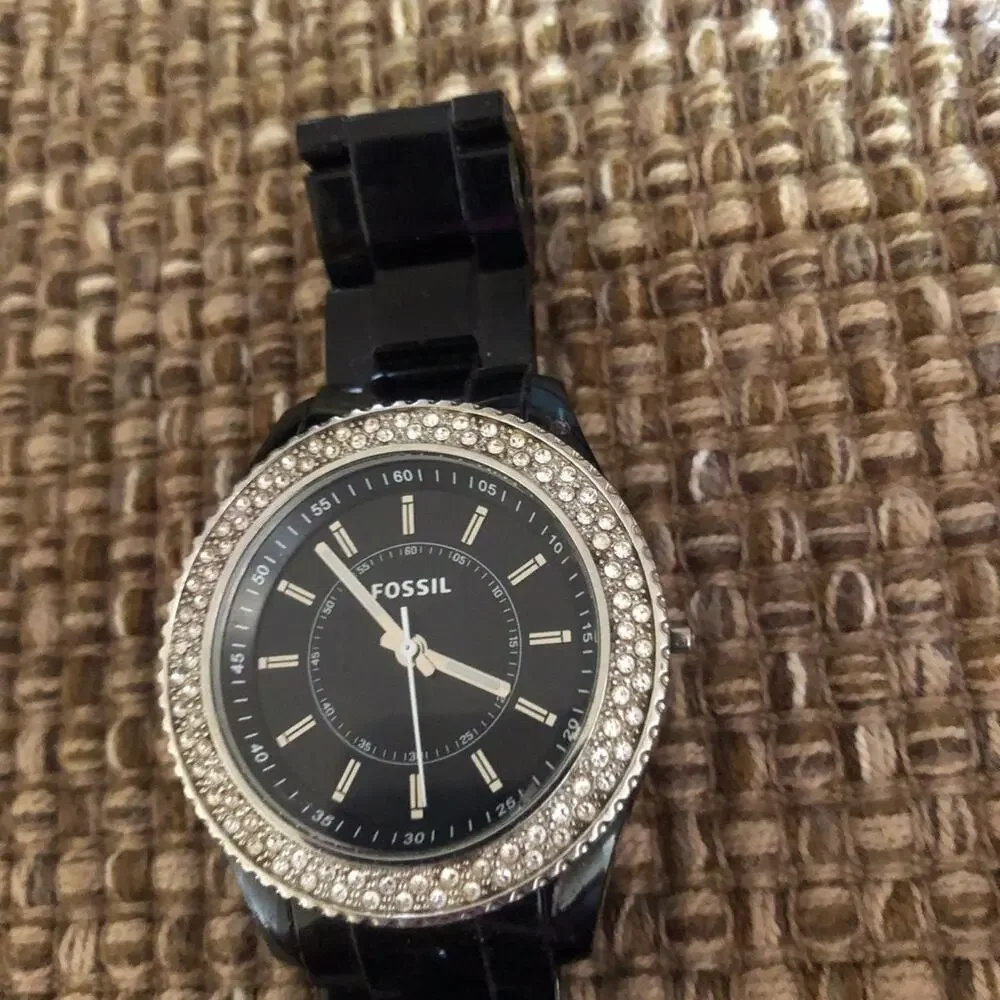 Fossil black resin watch w/ rhinestone face